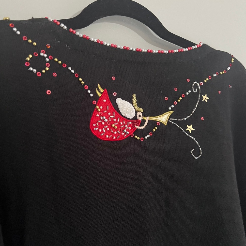 Just B Black Beaded Christmas Cardigan Sweater Large ugly holiday festive kitsch - Picture 9 of 16